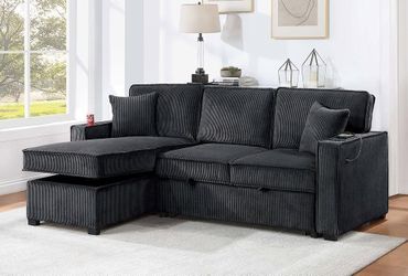 NEW Modern Black Fabric Sectional Couch with Storage Reversible Chaise Left Right Pullout Sleeper Bed Small Living Room Space Saving Sofa Apartment