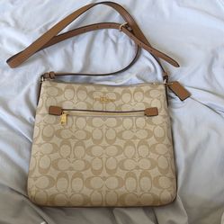 COACH Brown/Tan Signature Crossbody Bag With Gold Accents