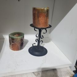 Metal candle holder and two candles