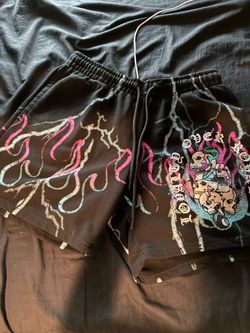 Black Graphic Shorts with Skull Flame Print