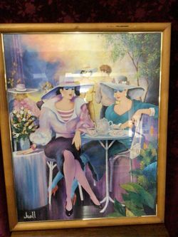 Vintage 1980s Stlye Large Framed Print of Ladies Having Tea by artist Juell