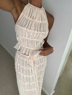 Cream Chic Ruched Sheer Halter Top & Maxi Skirt Co-Ord Set 