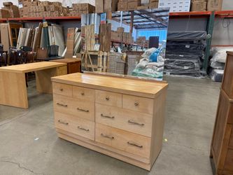 Vintage Light Wood 6 Drawer Lowboy Dresser with Frameless Mirror and Curved Pulls