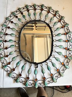 Oval Mirror With Teal And Diamond Accents