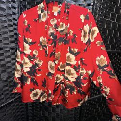 Classy Long Sleeve (Size XL) Red Floral Blouse