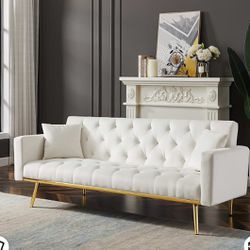 Convertible Velvet Futon Sofa Bed,Sleeper Sofa Couch with Two Pillows and Golden Metal Legs for Living Room