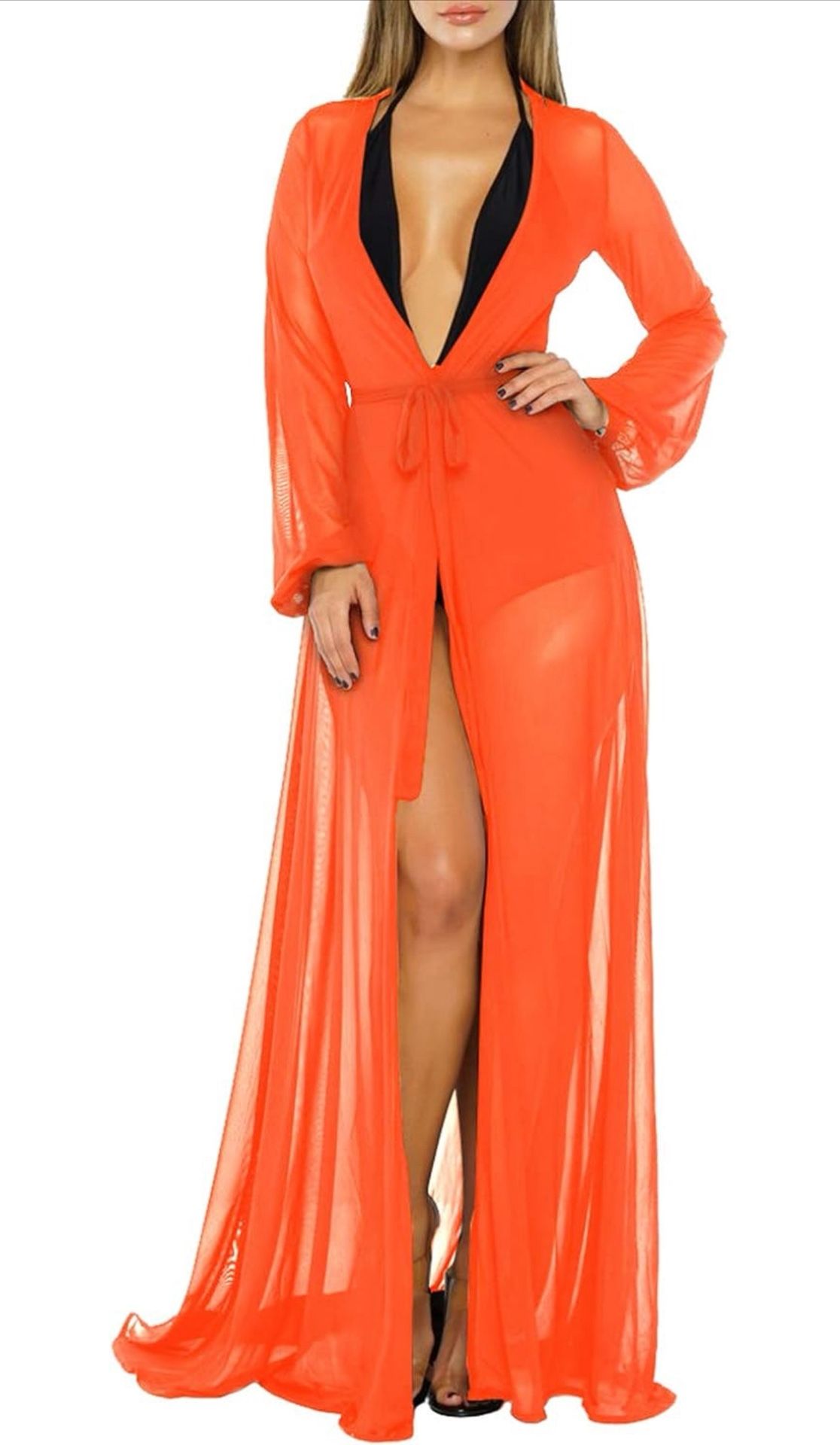 Orange Long Sleeve Flowy Maxi Swimsuit Tie Front Robe Cover Up