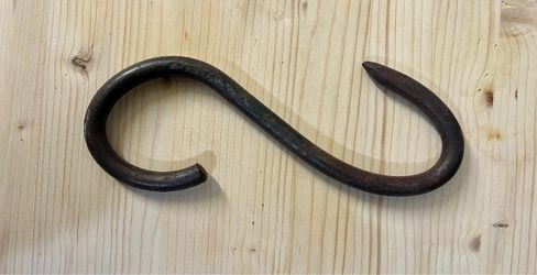 Large Vintage Iron S-Hook Hand-Forged Iron Rustic Utility Hanging Hook: Dark, heavy forged iron/ steel with a weathered, aged finish & Curved in an "