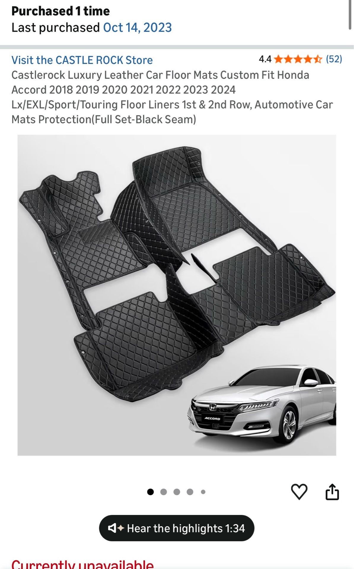 Custom Luxury Leather Floor Mats for Honda Accord 2018–2024 – Full Set Black