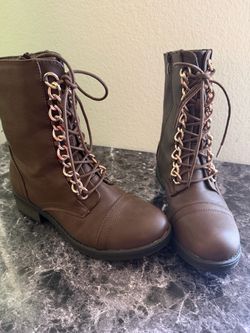 Brown Lace-Up Combat Boots with Gold Chain