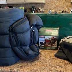 Coleman Camping: Inflatable Mattress, Pump, Sleeping Bag, 2-Burner Stove