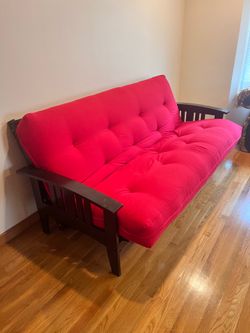 Like New Nirvana Futons Westfield Futon Sofa Bed – Red / Espresso Wood Frame