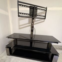 Black Glass TV Stand w/ Swivel Pole Mount - Fits 65” TVs