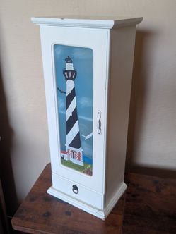 6"x8"x20" hand painted stained glass small storage cabinet medicine jewelry ocean lighthouse shelf nautical ocean farmhouse vintage maine sea marine p
