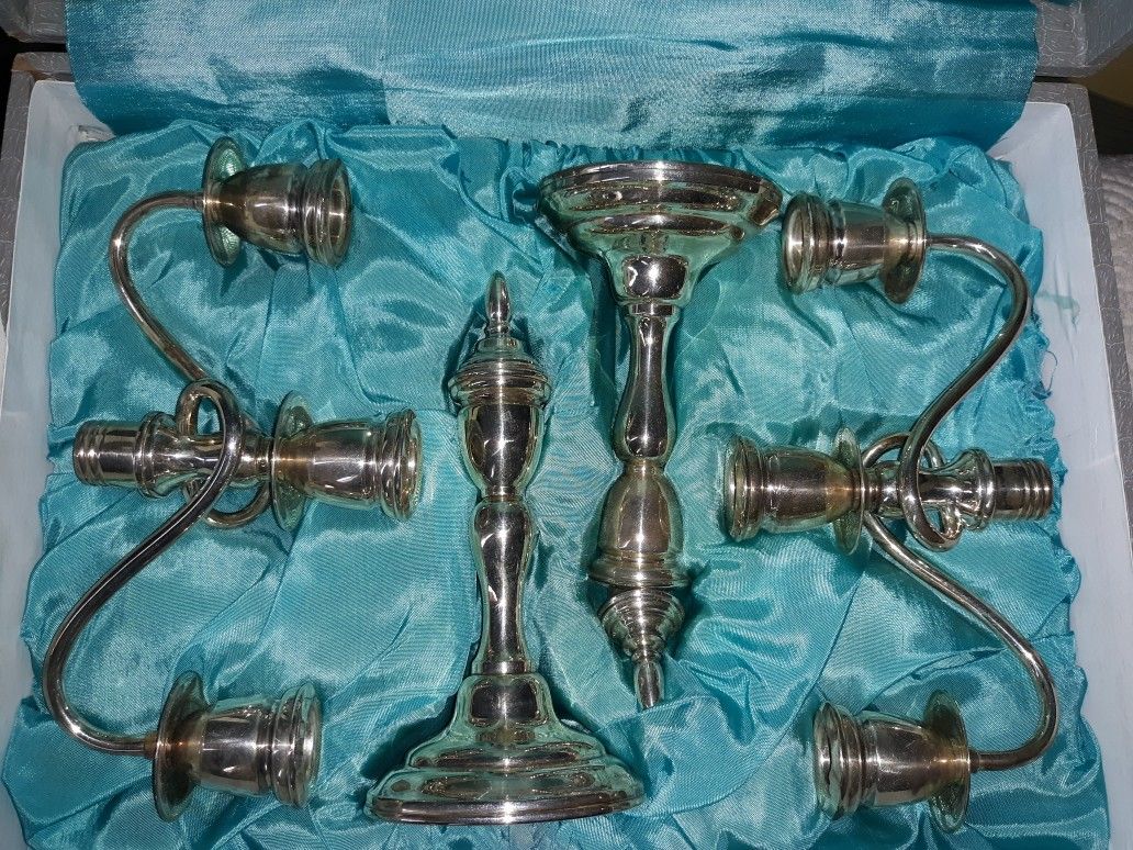 Sterling silver candelabras in silk lined case