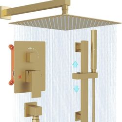 Hoimpro Shower System with Adjustable Slide Bar,12 Inch Square Rain Shower Head and Wand Wall Mounted, 2 in 1 Handheld Showerhead for Bathroom, Brushe