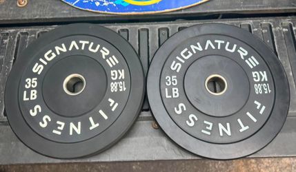 PAIR  OF  NEW  35 LB.  RUBBER  BUMPER   PLATES   •  ALSO  HAVE BUMPER PLATES (45s 35s 25s 15s 10s) •  (5-6-7 FOOT  BARS  • DUMBBELLS (STEEL : 1s-60s) 