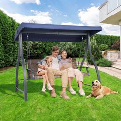 3-Seat Outdoor Patio Porch Swing with Adjustable Canopy, blue  Comfortable Seating: Enjoy soft and comfortable all-day lounging with the PE Wicker Por