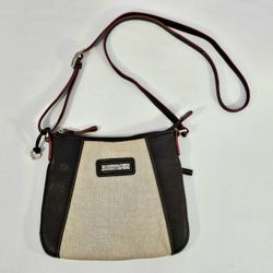 Brighton Brown & Cream Canvas Leather Crossbody Bag with Floral Lining, Heart Charm