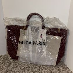 Brand New With Tags Gilda Paris Large Wine Colored Vegan Leather Quilted Tote
