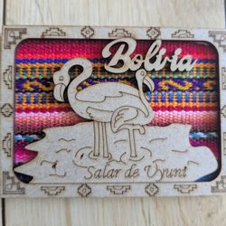 Bolivia Salar De Uyuni Wooden Fridge Magnet Handmade Local Wood & Fabric 4"x2.5". Flamingos! 