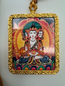 Tibetan Ghau Box Pendant Necklace Namgyalma Printed Canvas Amulet Locket Gold
