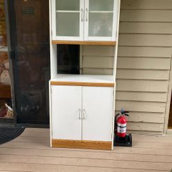 White Microwave Cabinet With Oak Accent Trim