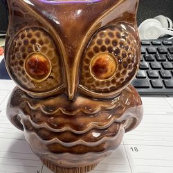 Vintage Piggy Bank, 1970's Ceramic Bank , Owl Bank, Chocolate Brown Glaze Eyes, 51/2 tall 4 3/4" wide