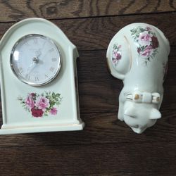 (2) Formalities By Baum Bros Roses & Gold Trim Cat And Desk Clock