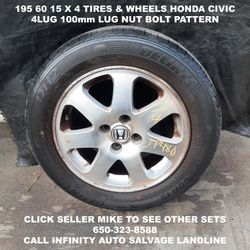 195 60 15 X 4 Tires & Wheels Off Honda Civic With 4lug 100mm Lug Nut Bolt Pattern. 