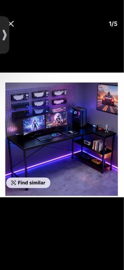 47" L-Shaped Computer Desk with Reversible Storage Shelves and PC Stand, Corner Gaming and Home Office Desk, Black