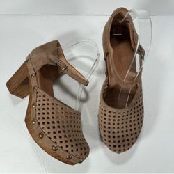 Eric Michael Gigi Coffee Brown Perforated Suede Wooden Platform Clog Women 8