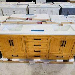 72” Brand New Bathroom Vanity in Teak color, Soft Close Solid Wood with Top in White  $1099 