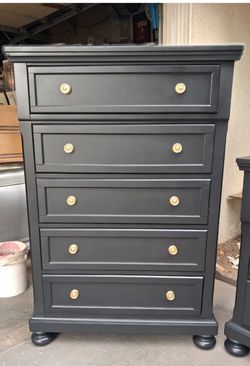 5 Drawer Solid Wood Upright Dresser- Black with Gold