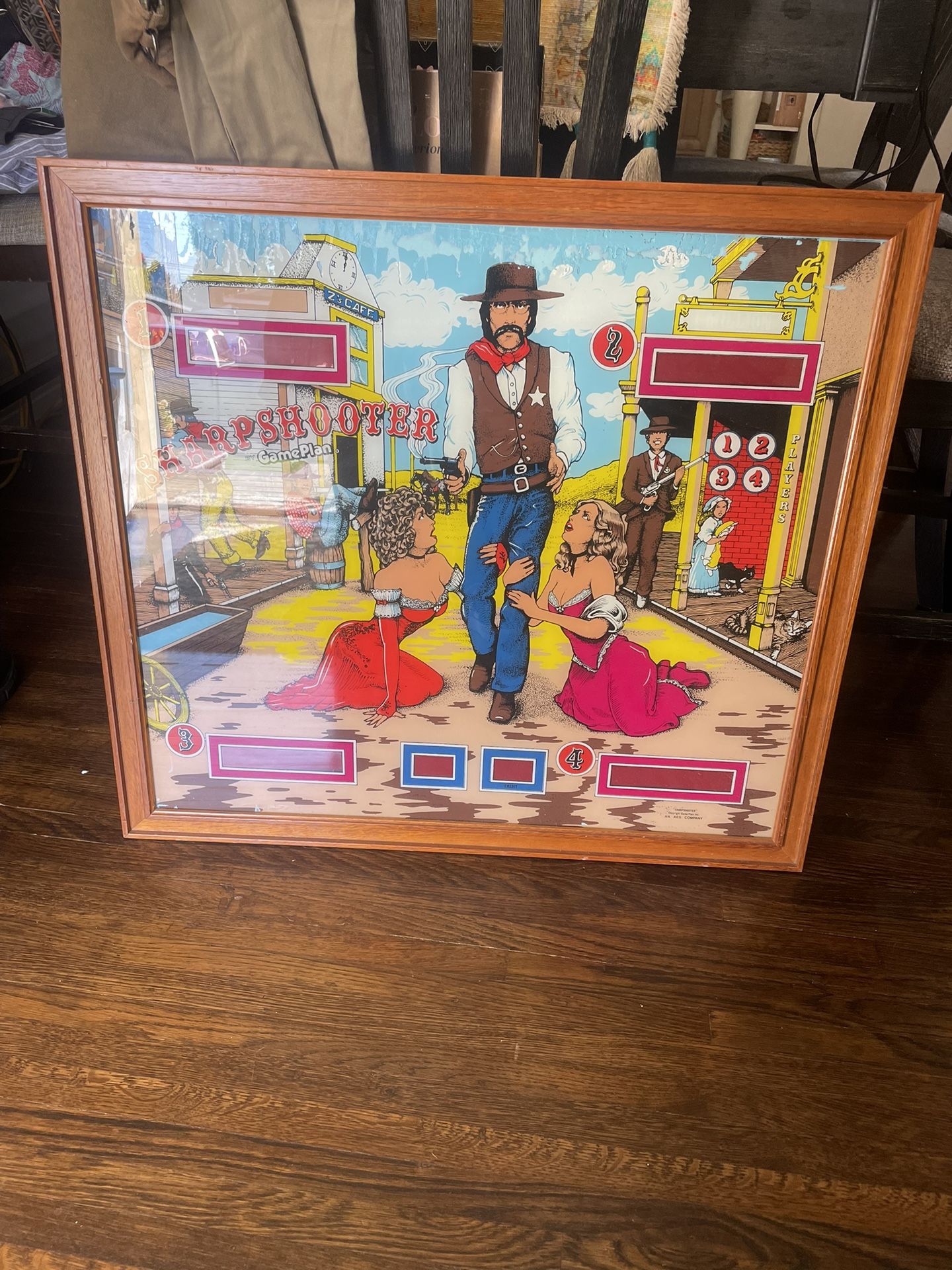 Sharpshooter Pinball Machine Backglass art scoreboard in a frame 1970’s