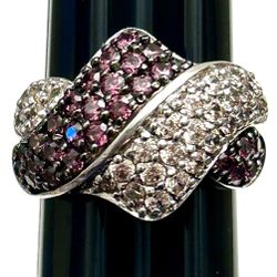 Solid 925 Sterling Silver Shiny Pink And White Ring Size 6.5