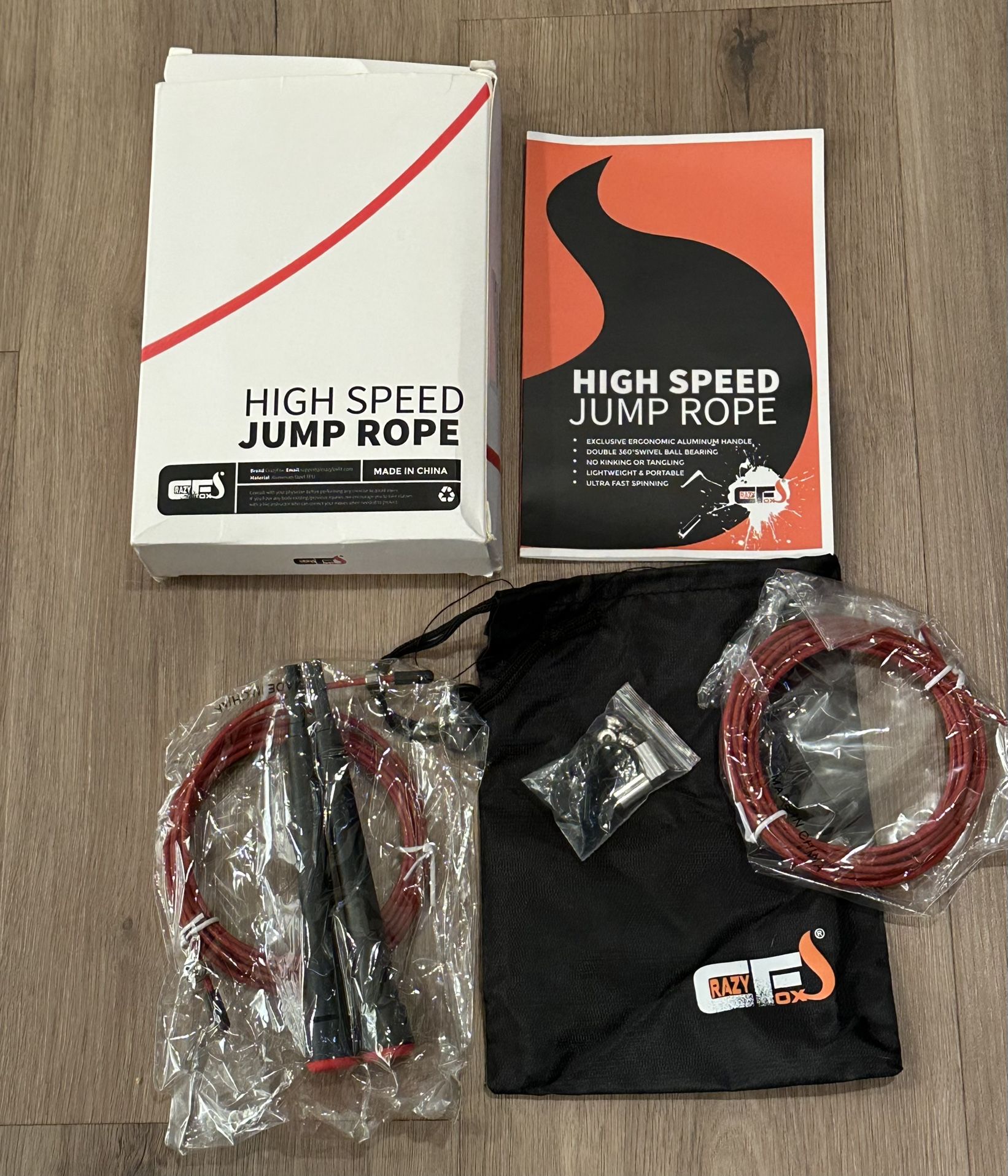 Crazy Fox Hogh Speef Jump Rope with spare rope and carry bag, New