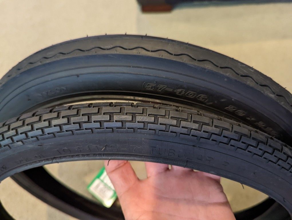 Two New 20" Schwinn Stingray Bicycle Tires, Front Brick Pattern Fits S7 Rim And Rear Semi Slick Fits S2 Rim With Tubes