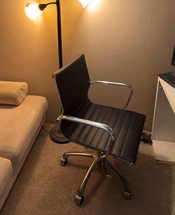Moving Sale: Black Faux Leather Office Chair with Chrome Arms & Wheels