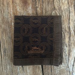 Longchamp Brown Logo Monogram Handkerchief Pocket Square Scarf 17x17” Cotton