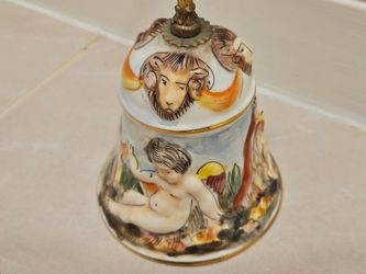 Vintage Capodimonte Style Ceramic Hand Bell – Cherub Motif & Brass Handle 10 inches