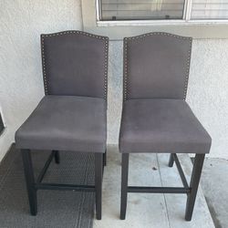 Set of 2 Counter-Height Bar Stools – Gray Upholstered w/ Nailhead Trim