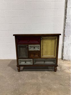 Eclectic Multicolor Distressed Accent Cabinet Mixed Panel Storage Console Farmhouse Style Server