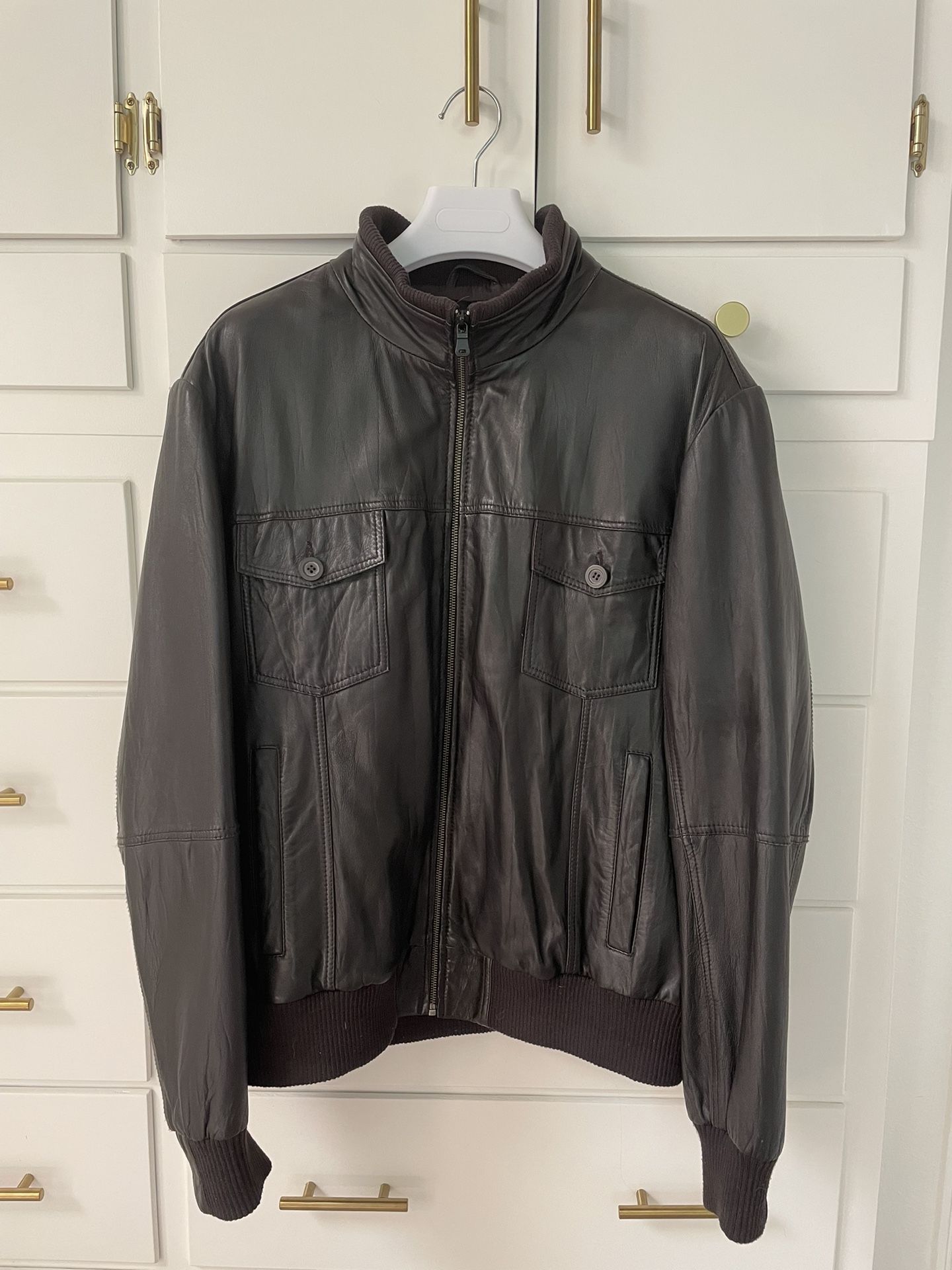Zara men’s leather jacket, XXL, dark brown.