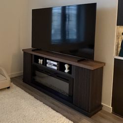 70" Tv Stand For Tvs Up To 85" With Electric Fireplace, Vintage Double Door Fireplace Cabinet For Living Room, Bedroom, Entertainment Center, Dark Wal