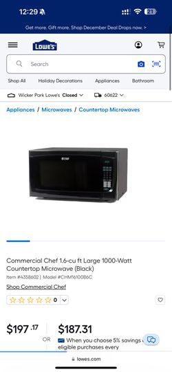 New Commercial Chef 1.6-cu ft Large 1000-Watt Countertop Microwave (Black) Item #(contact info removed) | Model #CHM16100B6C