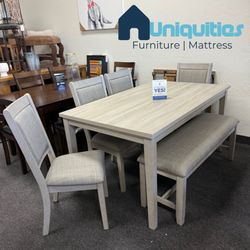 Grey Wooden Dining Set With 6 Chairs And Bench 