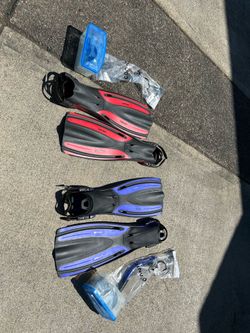 Fins, snorkels and masks- new! Didn’t make it on vacation!  $50 per set.  Red size s and blue size r.