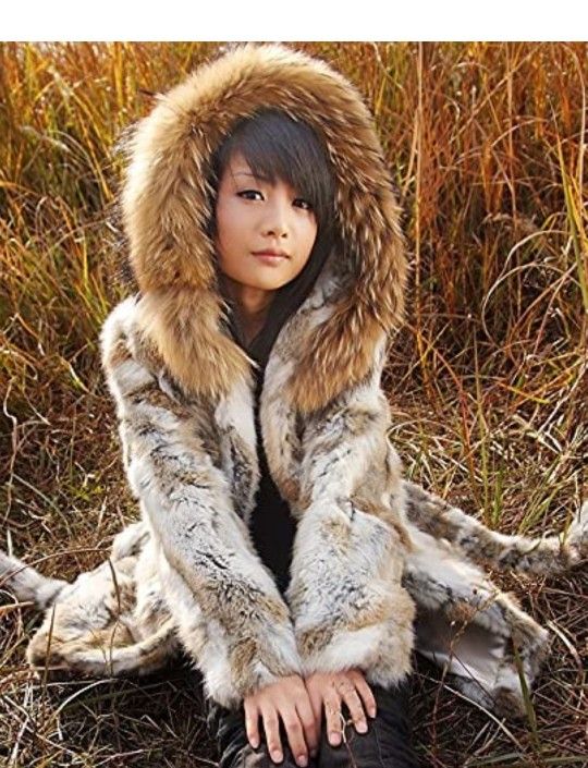 Women's Genuine Rabbit Fur Coat with Raccoon Fur Trim Hood Winter
