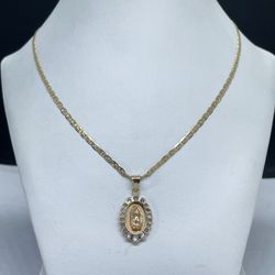 14k solid gold Valentina chain and Virgen maria charm , necklance gold pendant